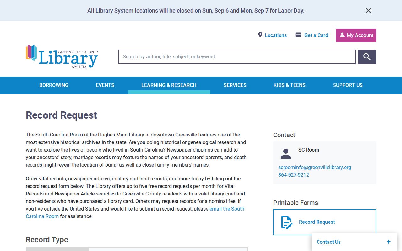 Greenville city directory record request service