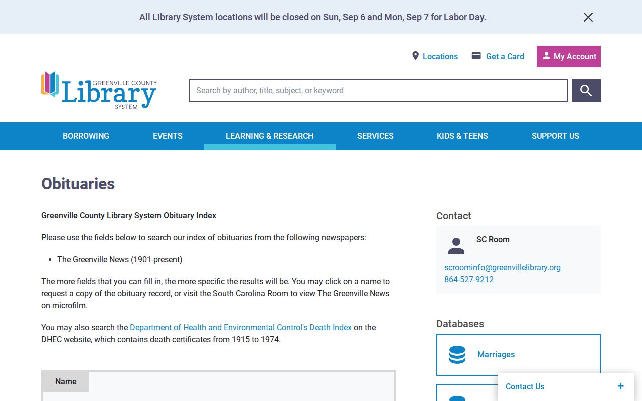 Greenville resident directory obituary index search