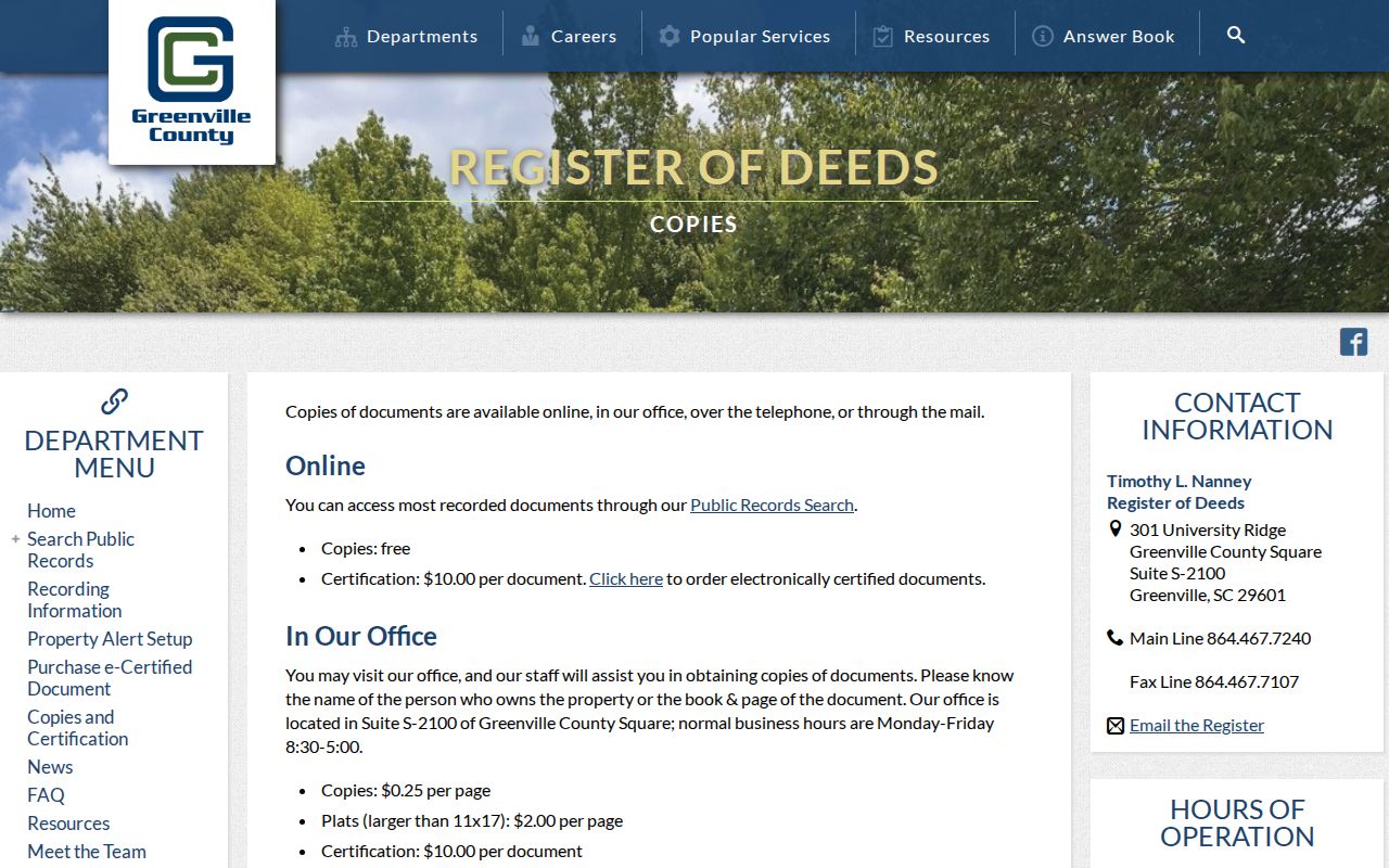 Greenville previous residents Register of Deeds copy route