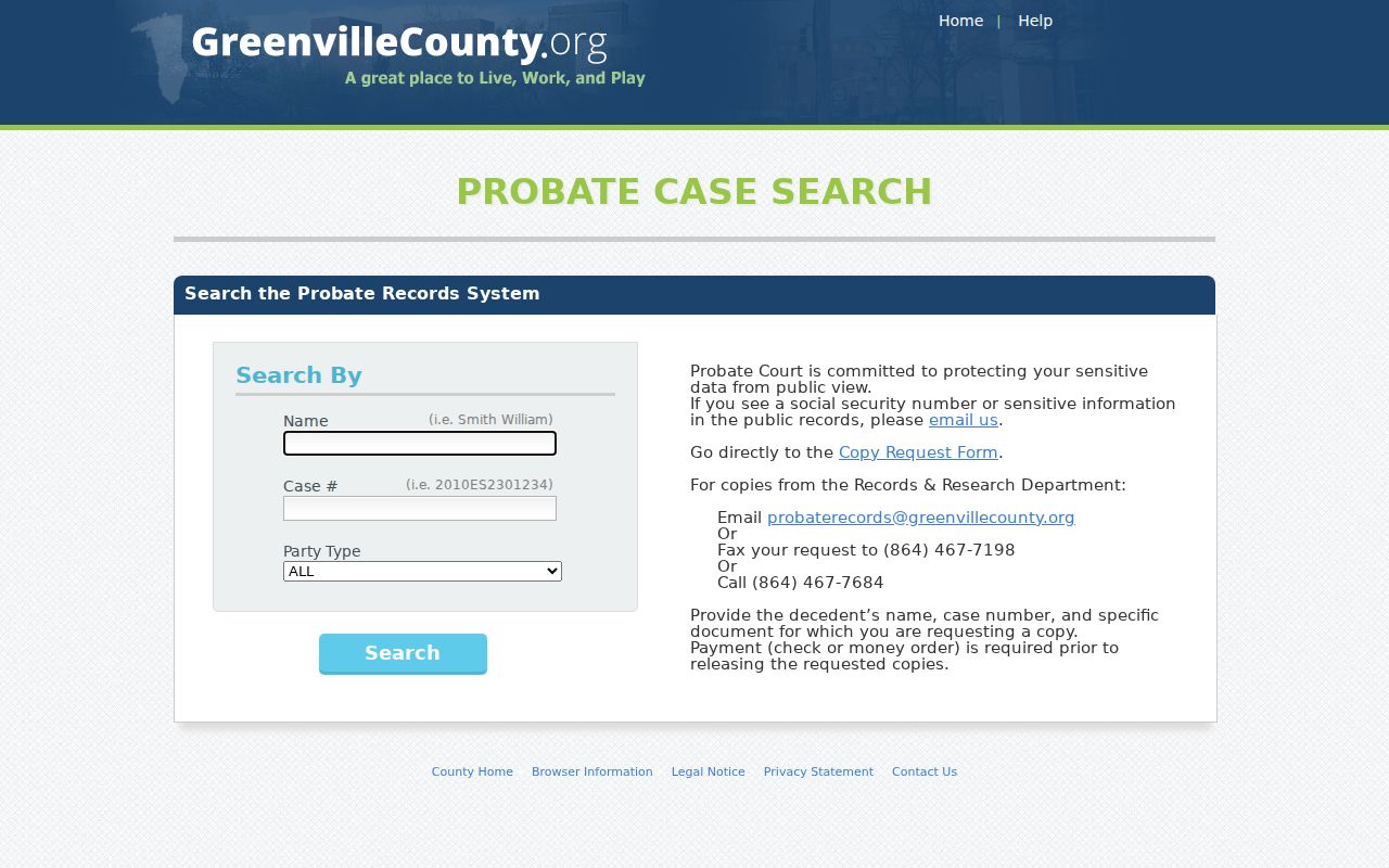 Greenville resident lookup Probate case-search screen