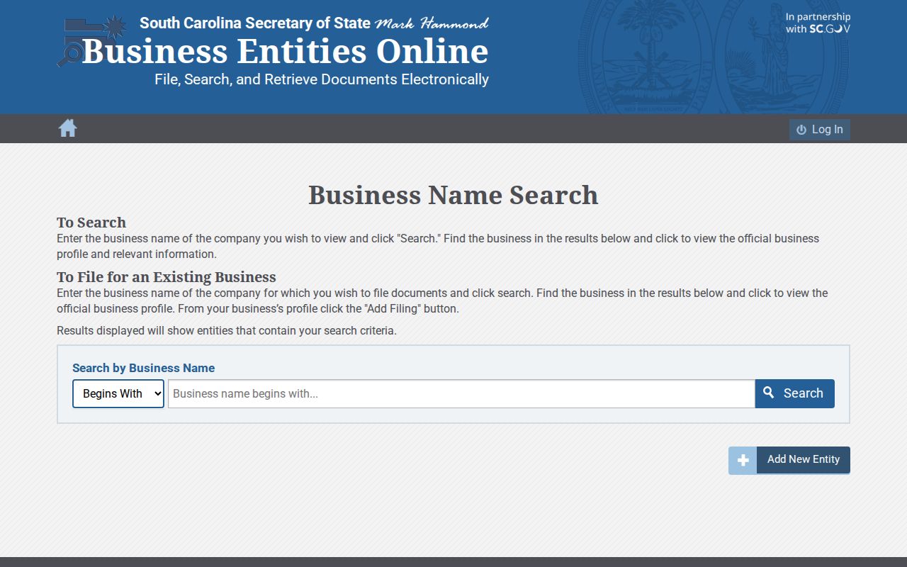 Greenville resident lookup South Carolina business entity search form