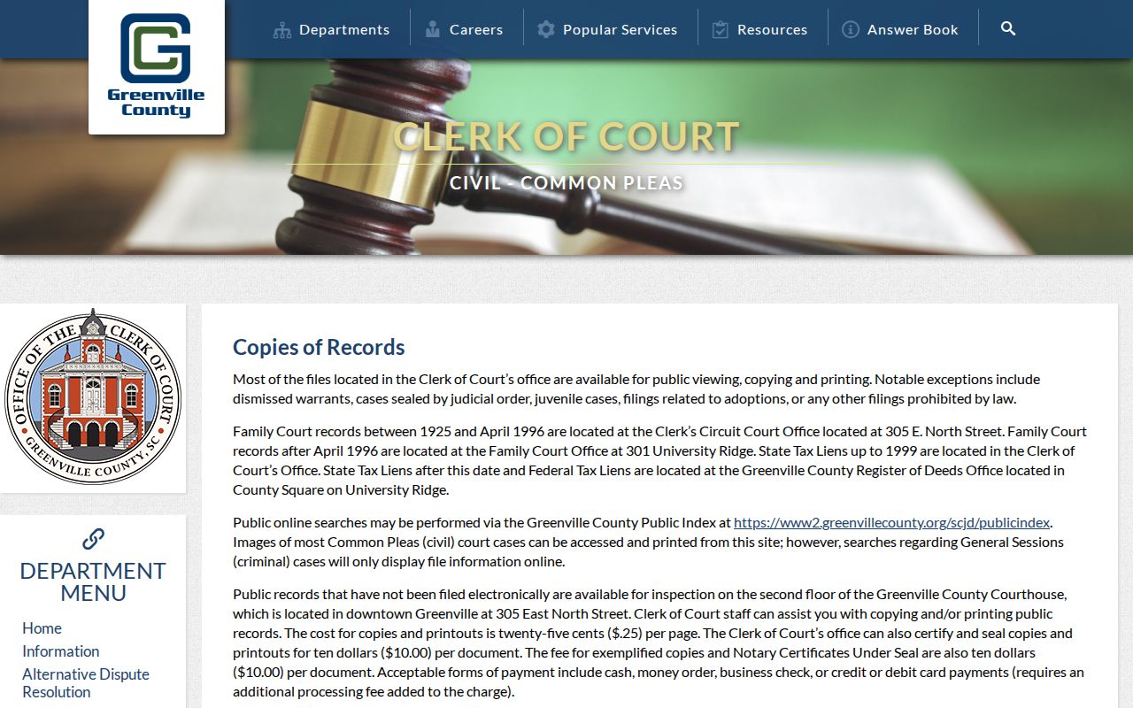 Greenville resident lookup Clerk of Court copies-of-records page