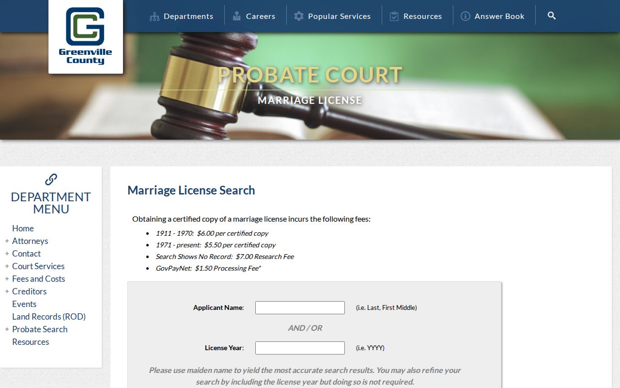 Greenville resident lookup county marriage-license search screen